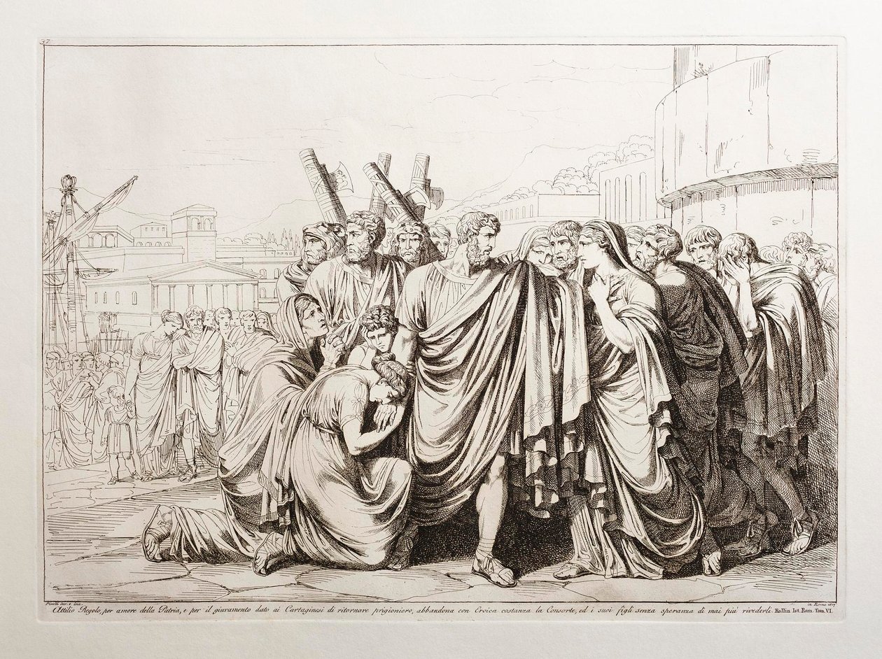 Attilio Regolo verlaat, uit liefde voor zijn vaderland en wegens de aan de Carthagers afgelegde eed om als gevangene terug te keren, zijn echtgenote met heroïsche standvastigheid en zijn kinderen zonder hoop hen ooit weer te zien door Bartolomeo Pinelli