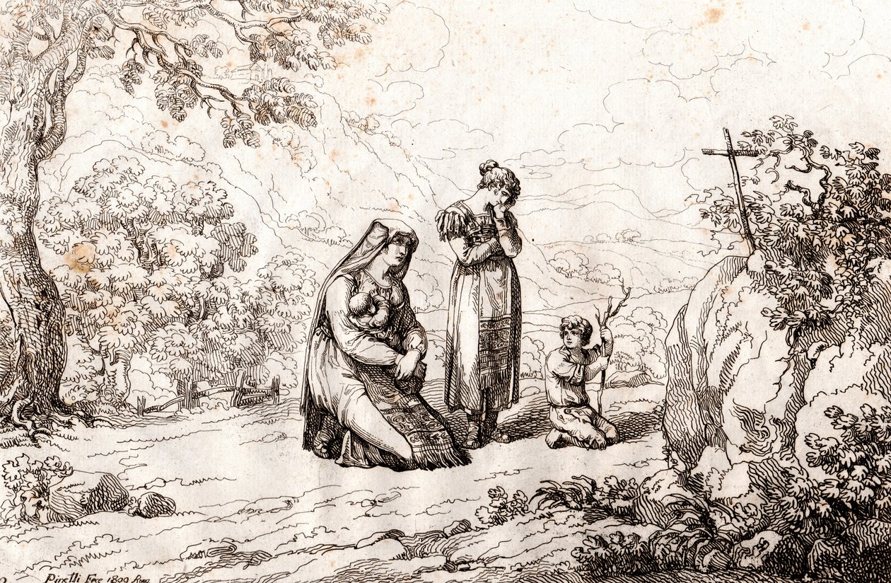Ciociara vrouw die bidt voor het kruis waar haar man werd gedood, ets door Bartolomeo Pinelli