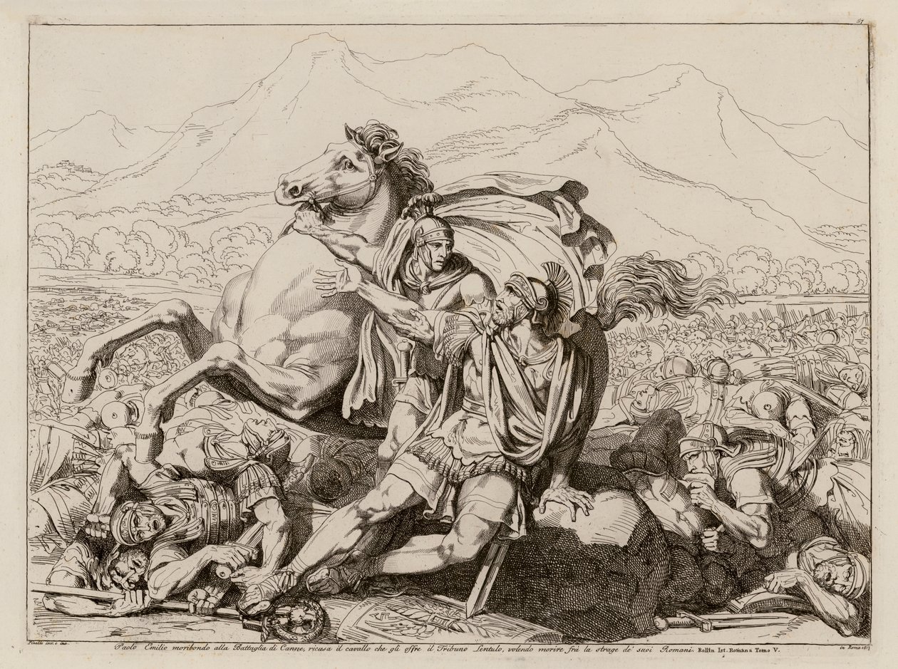 Dood van Lucius Aemilius Paullus bij de slag van Cannae, 216 voor Christus (ets) door Bartolomeo Pinelli