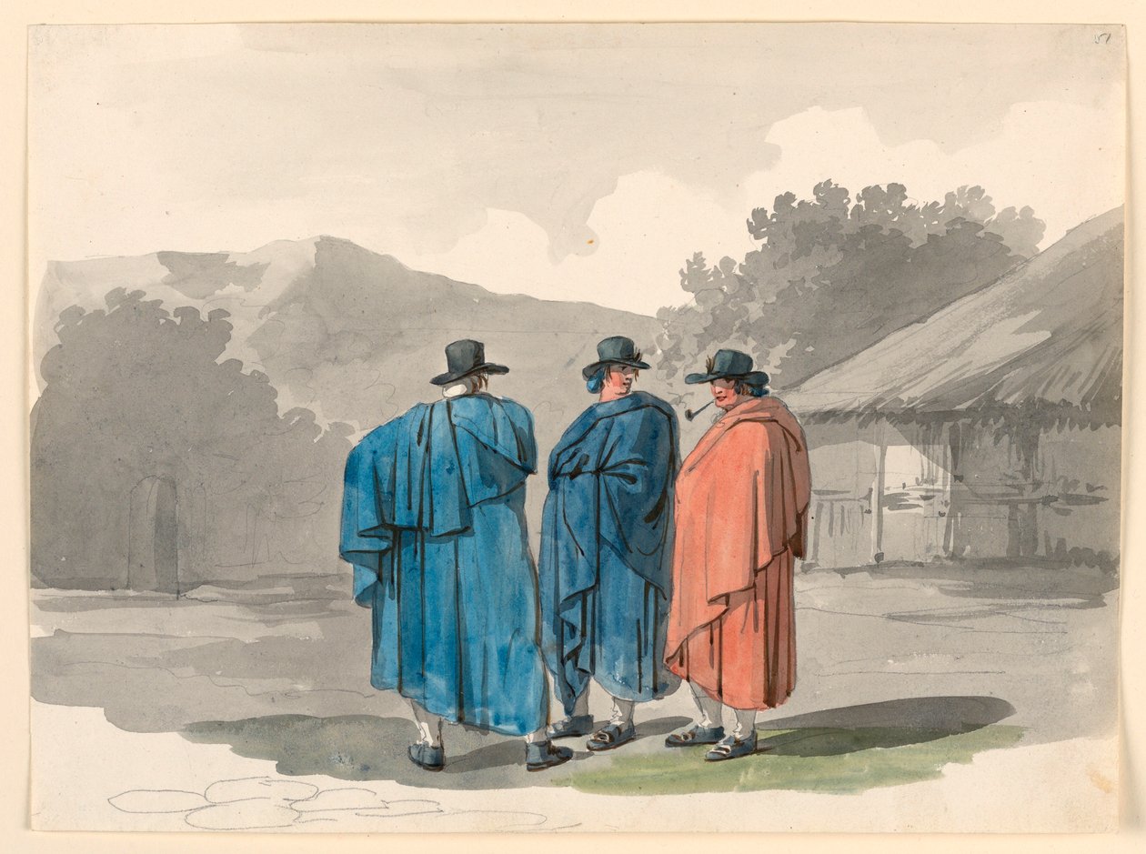 Tekening, Een groep van drie boeren in een dorp, 1807-08 door Bartolomeo Pinelli