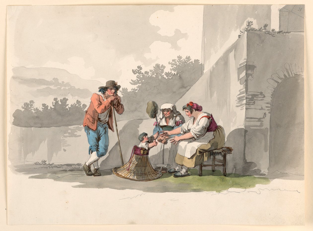 Tekening, Een boerengezin in de Campagna, 1807-08 door Bartolomeo Pinelli