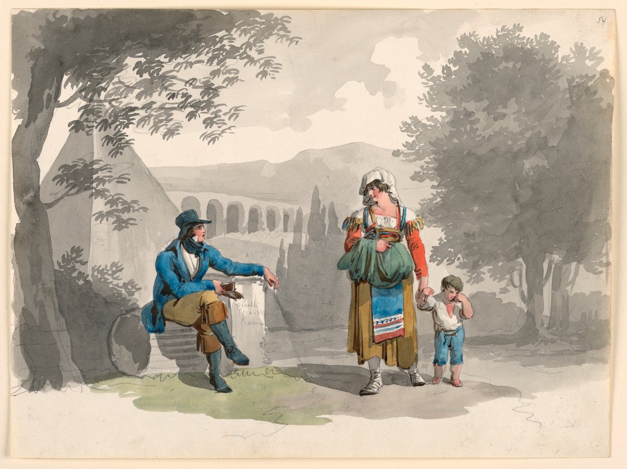 Tekening, Een vrouw die een jongen met haar hand vasthoudt en een heer passeert die tussen ruïnes in de Campagna zit, 1807 door Bartolomeo Pinelli
