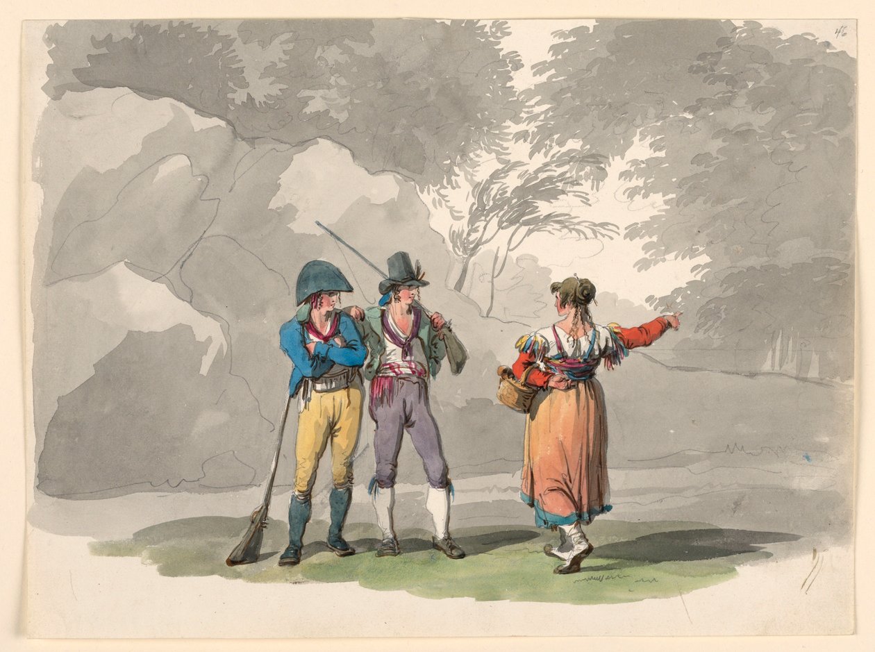 Tekening, Een vrouw en twee mannen met geweren. Kostuums van het Koninkrijk Napels, 1807-08 door Bartolomeo Pinelli