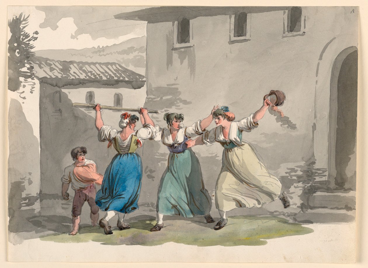 Tekening, Gevecht van vrouwen in Rome, 1807-08 door Bartolomeo Pinelli
