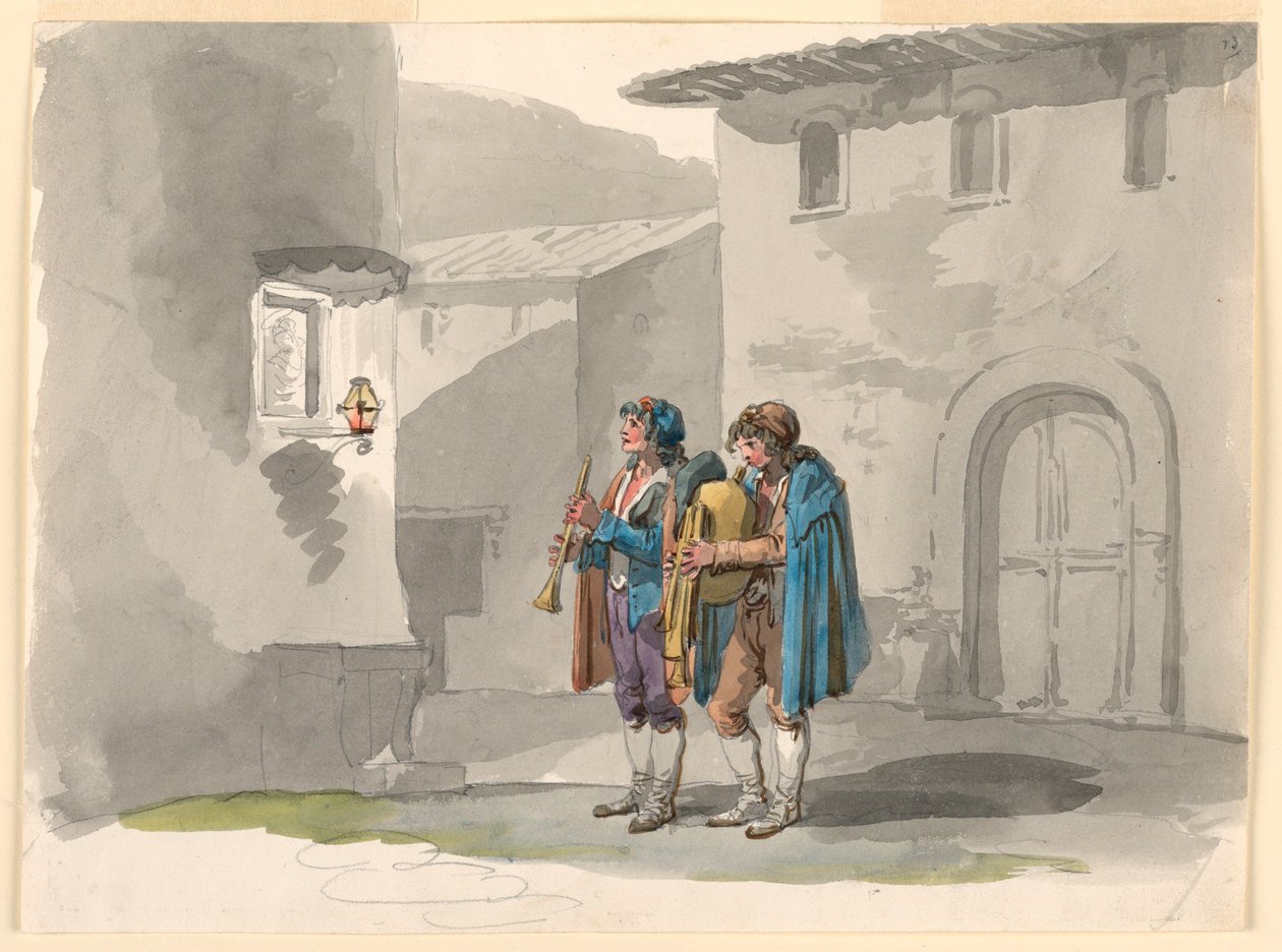 Tekening, "Pifferari," Twee pijpers uit de Abruzzen in Rome, 1807-08 door Bartolomeo Pinelli