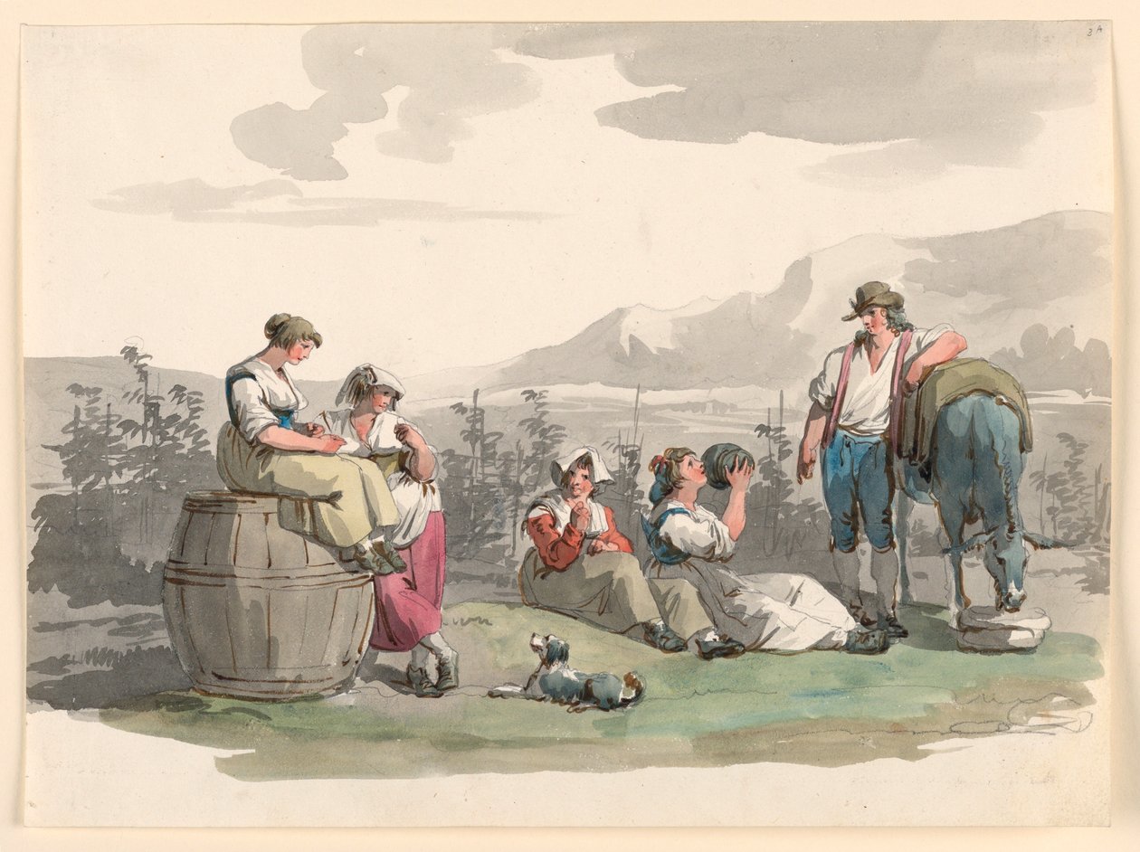 Tekening, rust tijdens de wijnoogst, 1807-08 door Bartolomeo Pinelli