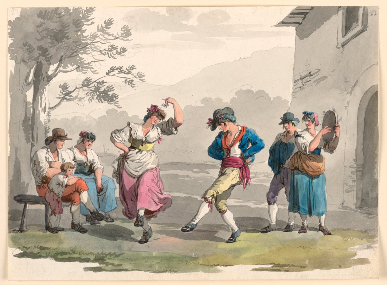 Tekening, "Saltarello Romano," Dansende boeren in de buurt van Rome, 1807-08 door Bartolomeo Pinelli
