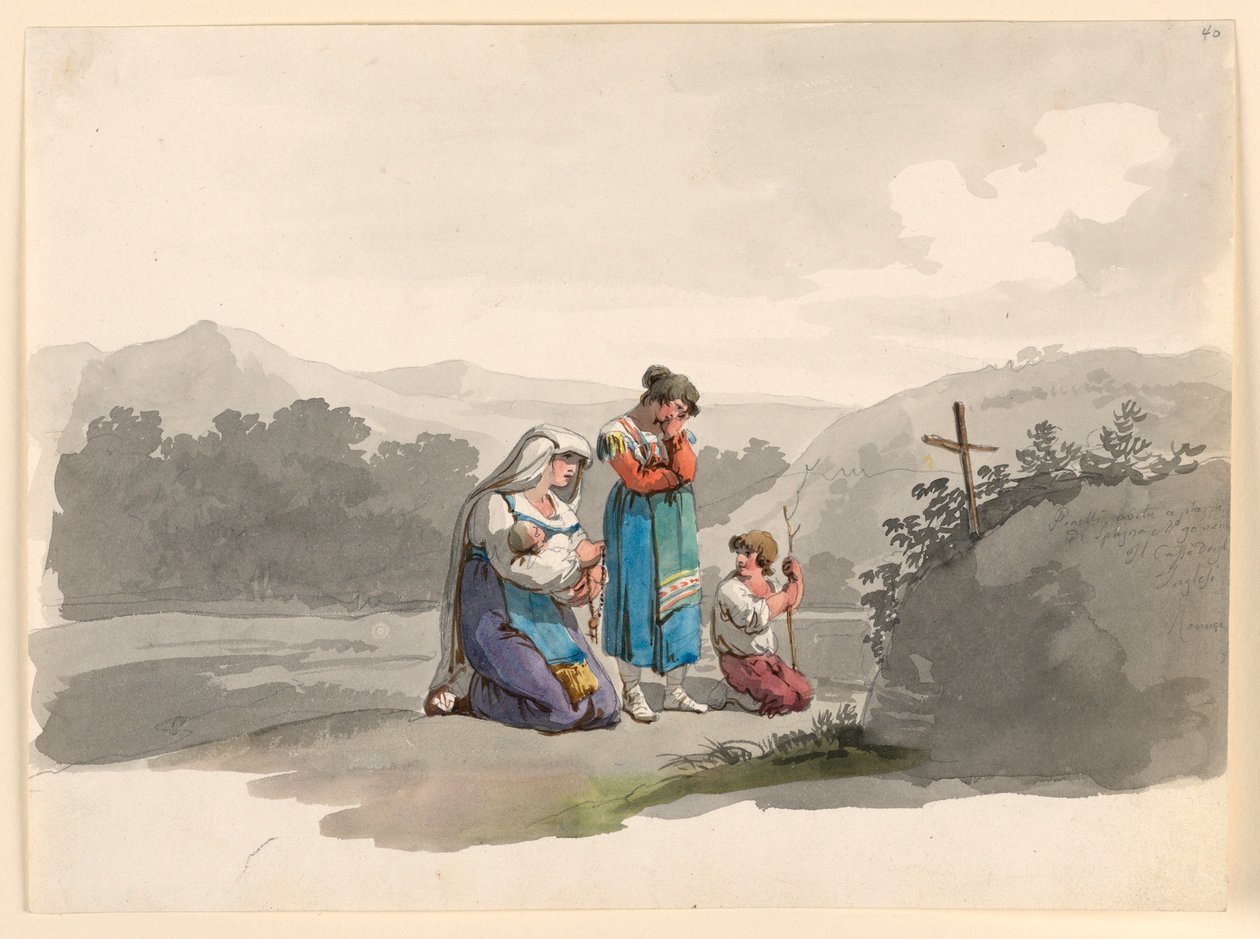 Tekening, Vrouw met baby die bidt voor het kruis dat de plaats markeert waar haar man werd gedood, 1807-08 door Bartolomeo Pinelli