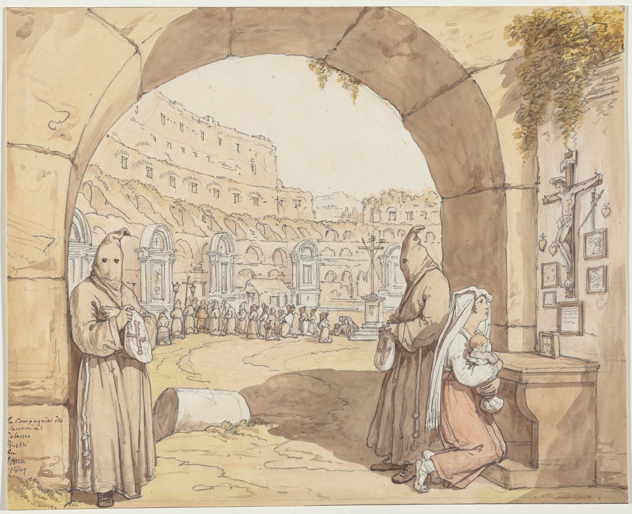 La Compagnia dei sacconi al Colosseo (Boetelingen die bidden bij altaren in het Colosseum) door Bartolomeo Pinelli