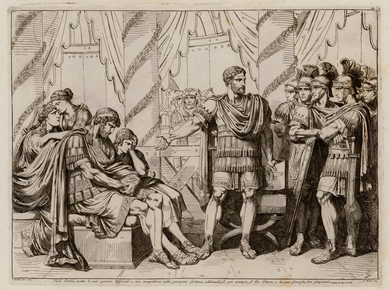 Lucius Aemilius Paullus Macedonicus wijst naar de verslagen koning Perseus van Macedonië door Bartolomeo Pinelli