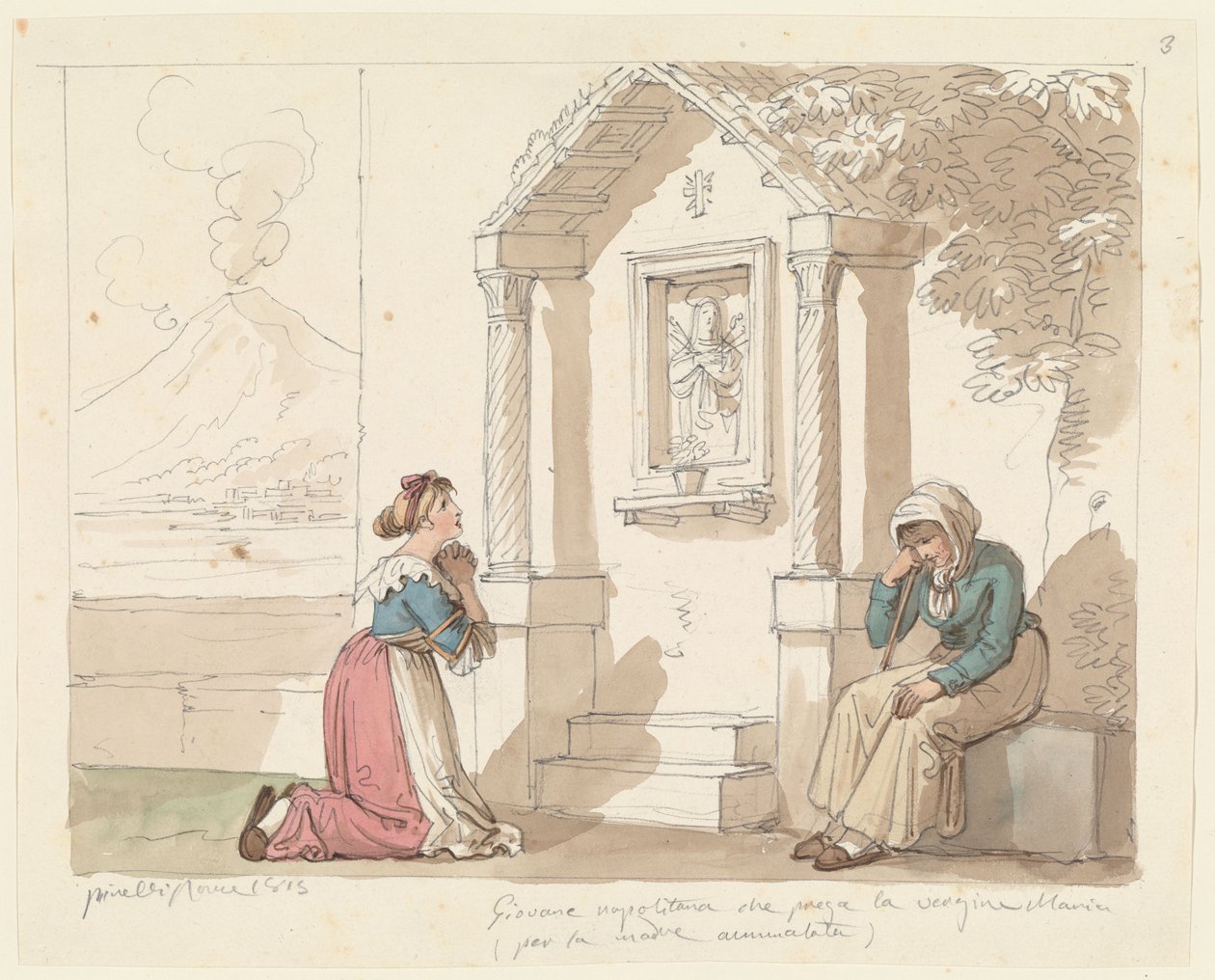 Een Napolitaanse vrouw die tot de Maagd bidt voor haar zieke moeder, illustratie voor ’Romeinse klederdrachten en gebruiken’ door Bartolomeo Pinelli