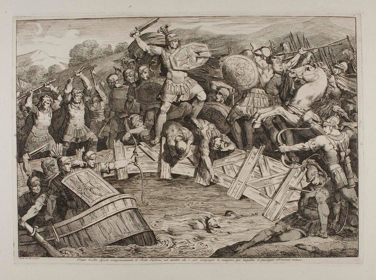 Orazio Coclite vecht op de Ponte Sublico door Bartolomeo Pinelli