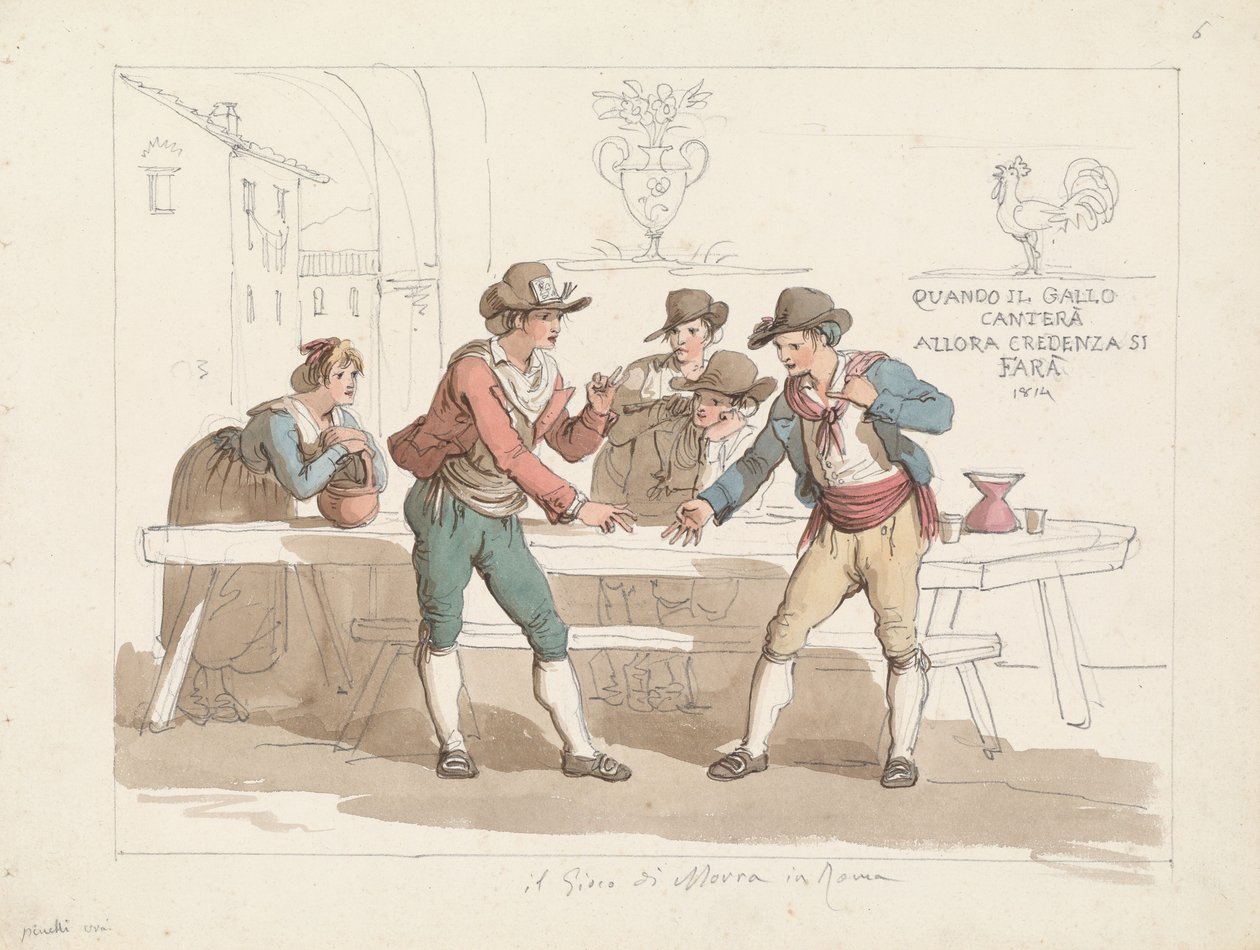 Het spel Morra spelen in een Romeinse osteria, illustratie voor het boek „Romeinse klederdracht en gebruiken“ door Bartolomeo Pinelli