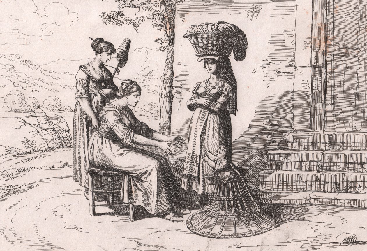 Romeinse vrouwen in traditionele kostuums, ets door Bartolomeo Pinelli