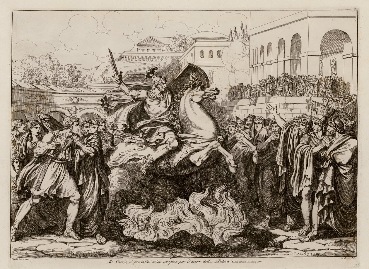 Sacrificale dood van Marcus Curtius (ets) door Bartolomeo Pinelli