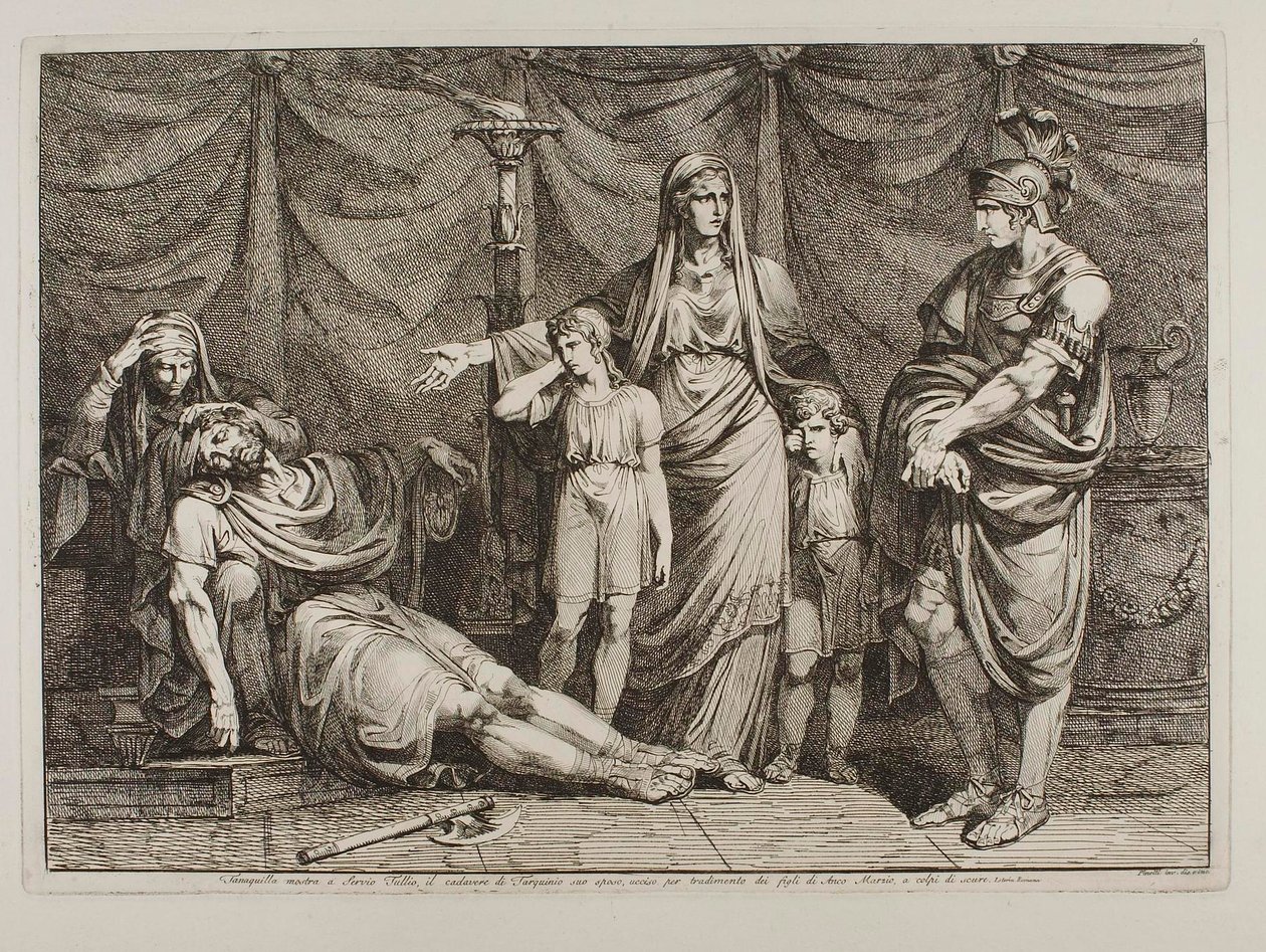 Tanaquilla toont het lijk van Tarquinio aan Servius Tullius door Bartolomeo Pinelli