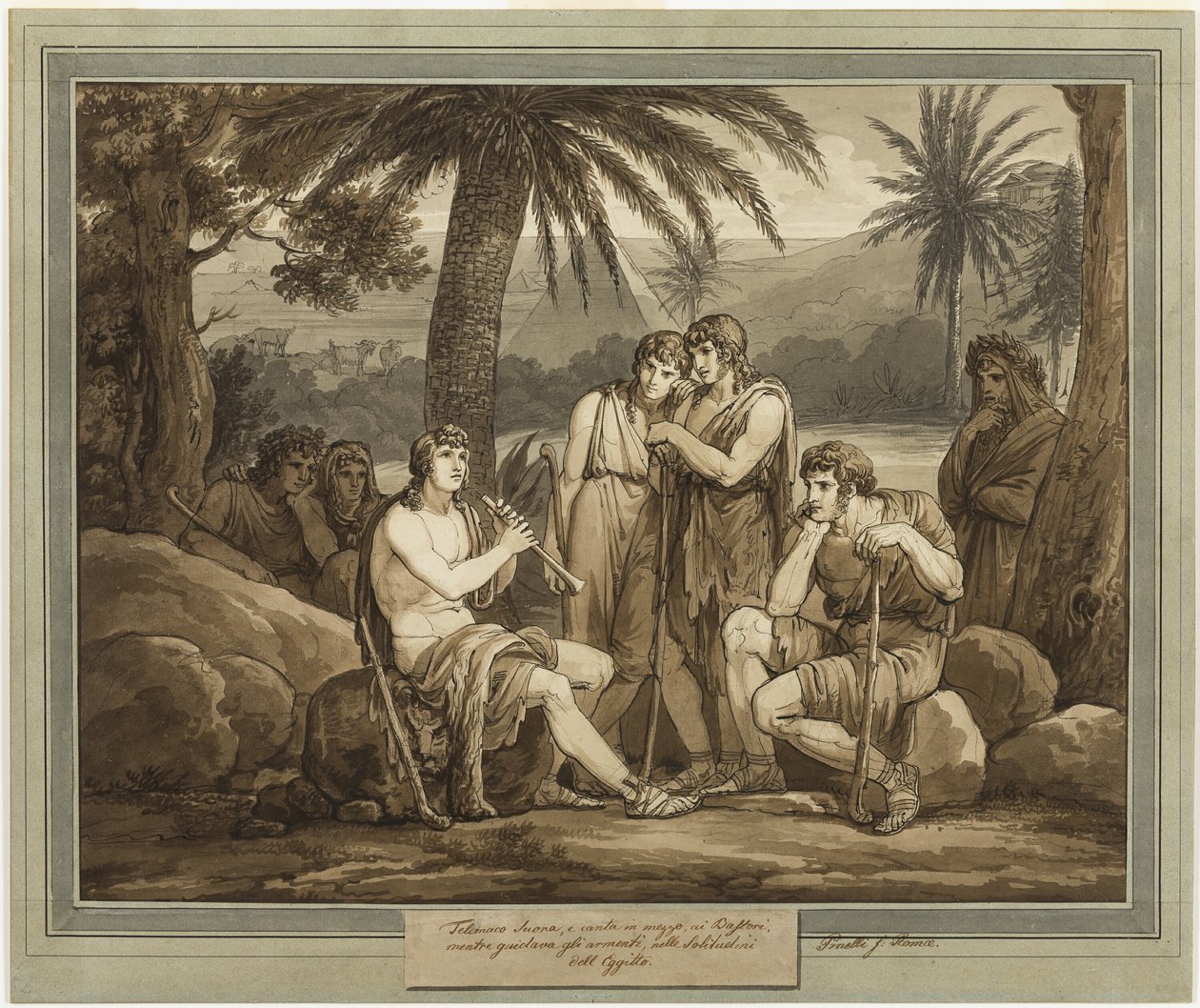 Telemachus speelt en zingt voor de herders in Egypte, uit De avonturen van Telemachus, Boek 2 door Bartolomeo Pinelli