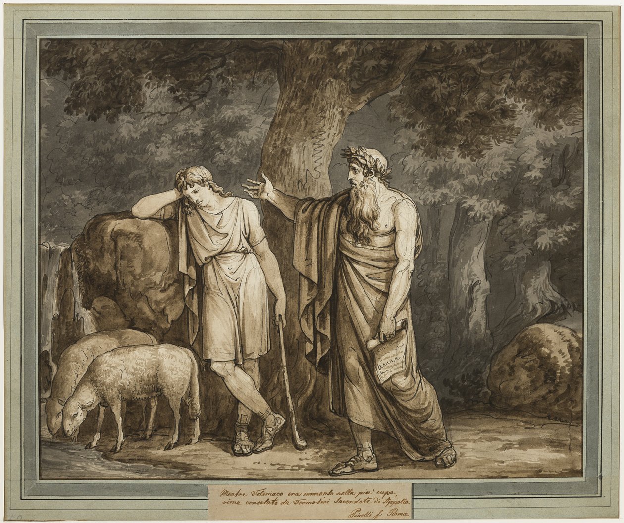 Telemachus wordt getroost door Termosiris, priester van Apollo, uit De avonturen van Telemachus, Boek 2 door Bartolomeo Pinelli