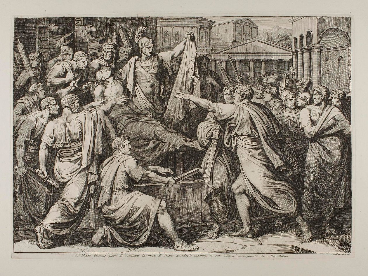Het Romeinse volk zweert de moord op Caesar te wreken door Bartolomeo Pinelli