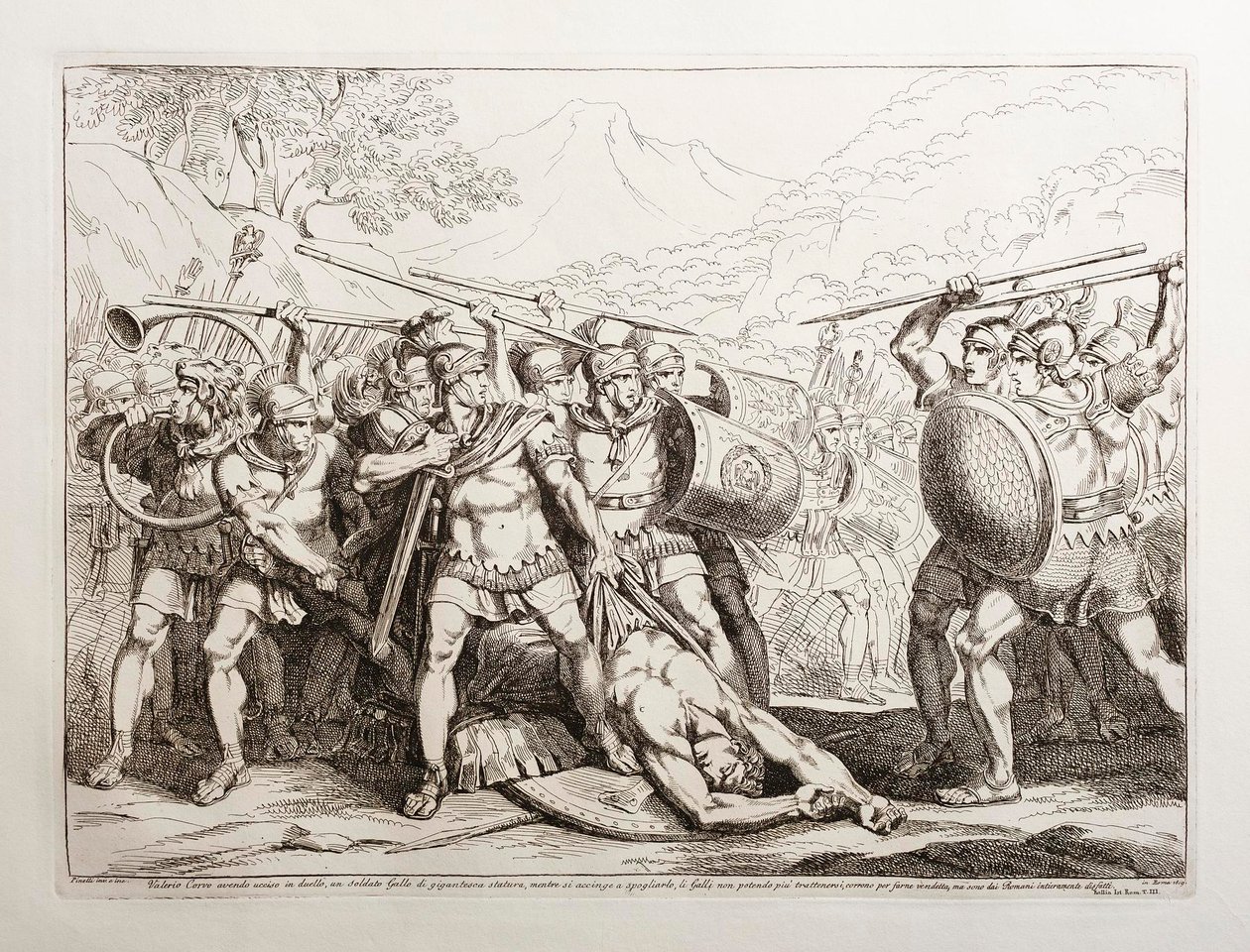 Nadat Valerio Corvo in een duel een Gallische soldaat van reusachtige gestalte heeft gedood, willen de Galliërs, die zich niet kunnen inhouden, hem wreken terwijl hij op het punt staat de soldaat te ontkleden, maar ze worden volledig verslagen door de Rome door Bartolomeo Pinelli