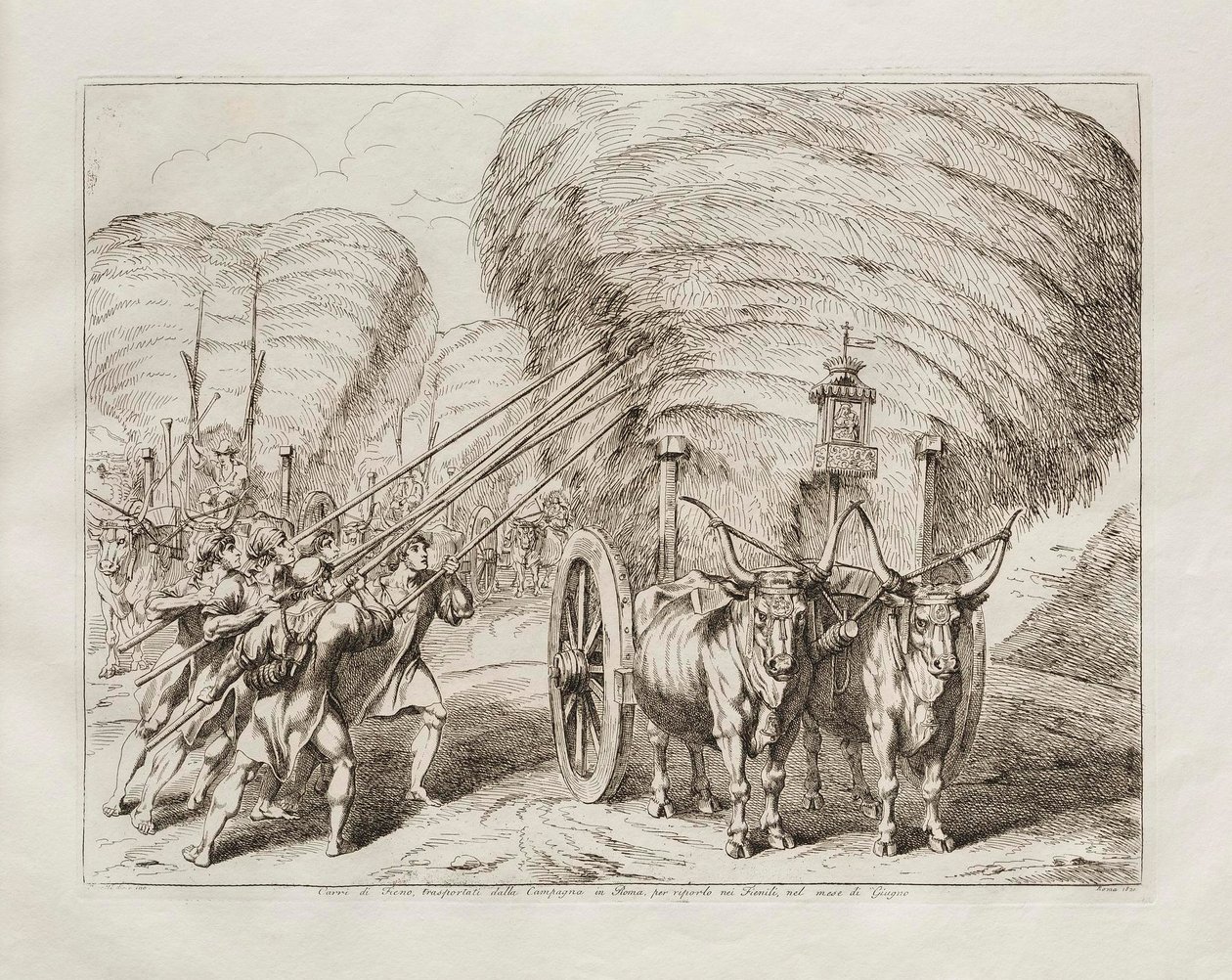 Wagens met hooi werden in de maand juni vanuit het platteland naar Rome vervoerd om naar de schuren te worden gebracht door Bartolomeo Pinelli