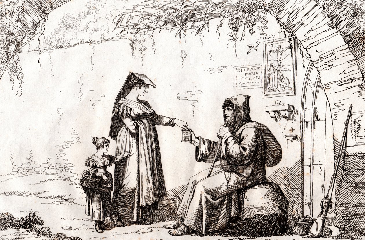 Vrouw uit Frascati en een kluizenaar, ets door Bartolomeo Pinelli (Rome) door Bartolomeo Pinelli