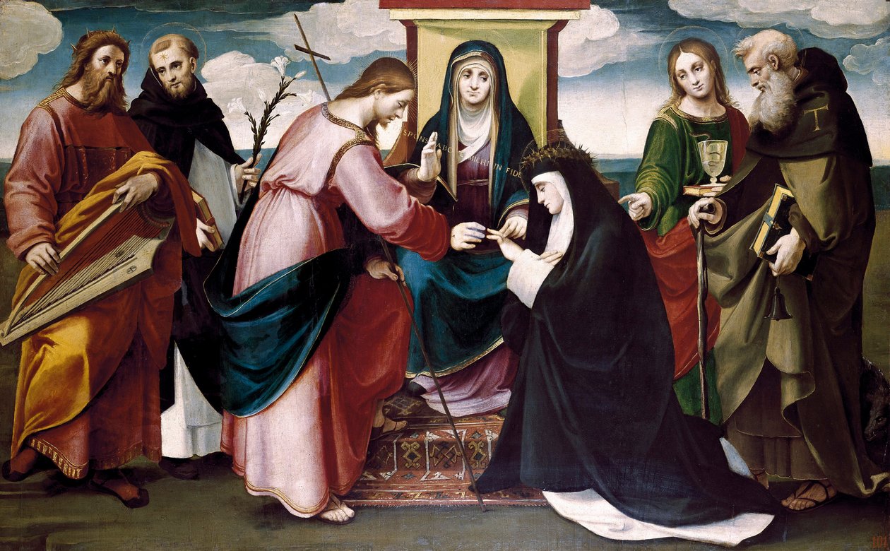 De mystieke bruiloft van Sint Catharina van Siena met Christus en de heiligen Johannes de Doper, Antonius Abt, Dominicus, koning David en de Maagd Maria door Bartolomeo called Bagnacavallo Ramenghi