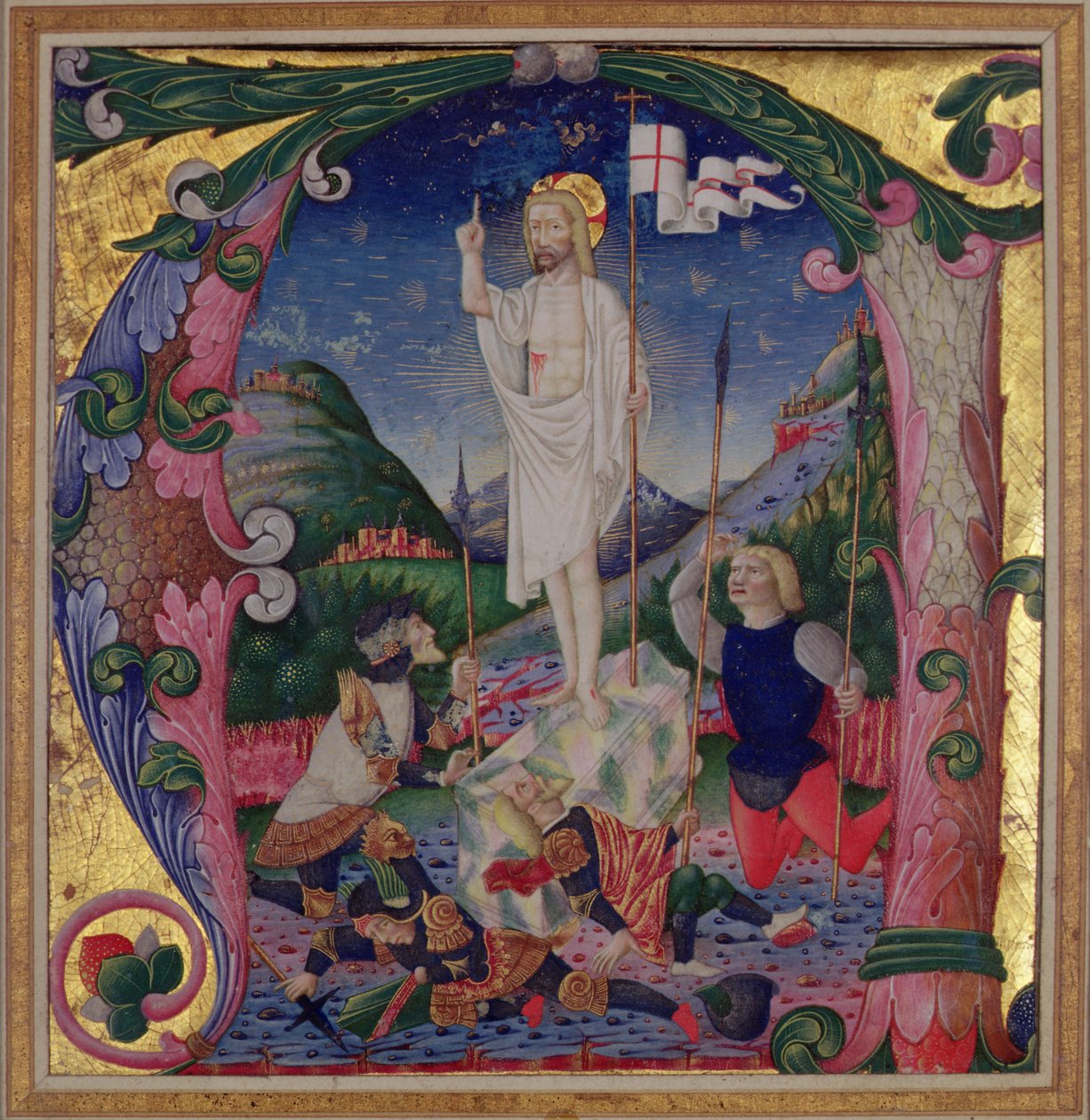 Versierde initiaal A die de opstanding van Christus afbeeldt, Lombardische School door Bartolomeo de Rigossi da Gallarate attr. to Bartolomeo de Rigossi da Gallarate attr. to