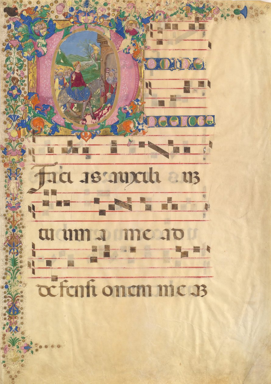 Manuscriptblad met Intocht in Jeruzalem op Palmzondag in een Initiaal D, 15e-16e eeuw door Bartolomeo di Domenico di Guido