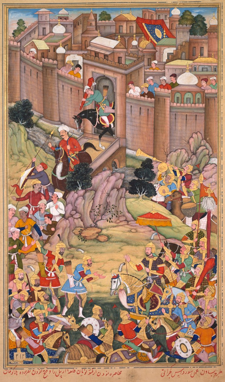 Het beleg van Arbela in het tijdperk van Hulagu Khan, pagina uit een Chingiz-nama (Boek van Chingiz Khan) van de Jami al-tavarikh (Compendium van Kronieken) van Rashid al-Din (Perzisch, 1247–1318) door Basavana