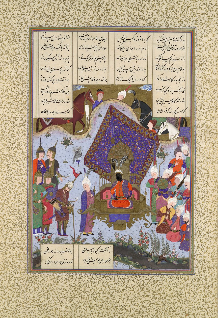 Rustam bedroefd voor Kai Kavus, Folio 146r uit het Shahnama Boek der Koningen..., ca. 1525-30 door Bashdan Qara