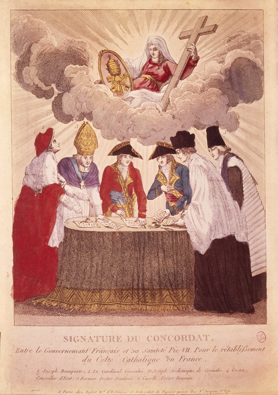 Ondertekening van het Concordaat tussen Napoleon en Paus Pius VII, 15 juli 1801 (kopergravure) door Basset