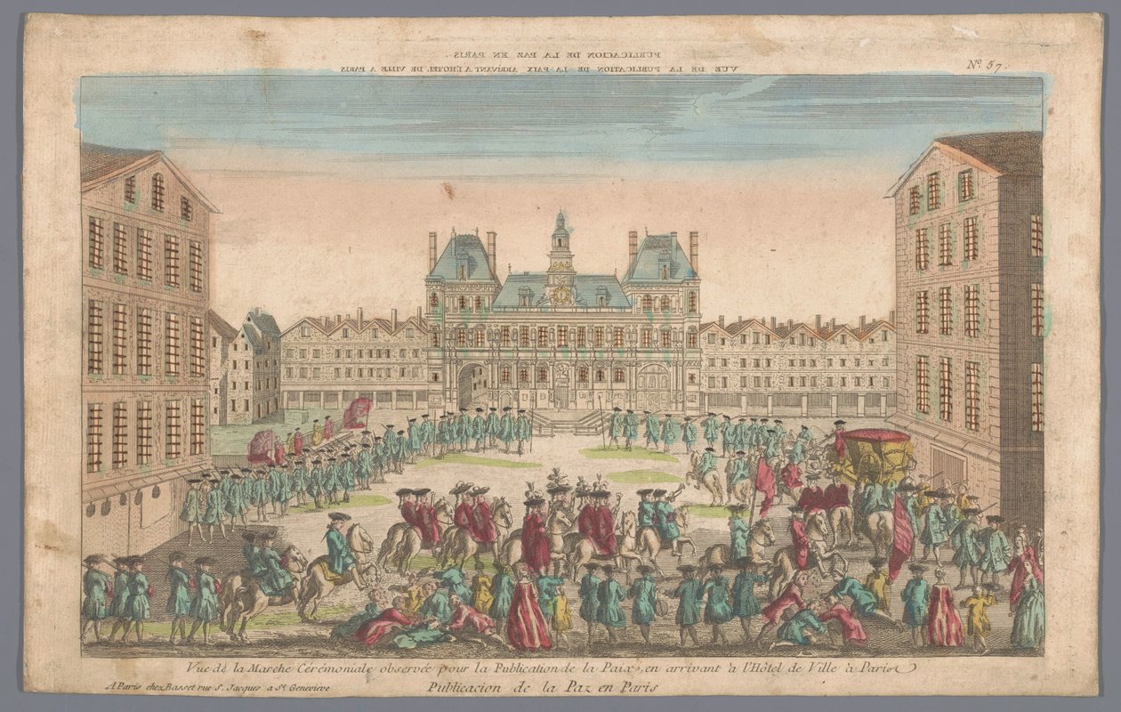 Gezicht op het Stadhuis te Parijs met een stoet ter afkondiging van de vrede door Basset