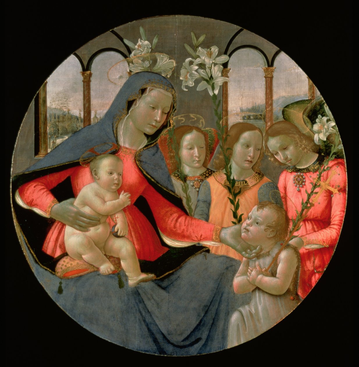 Maagd en kind met St. Johannes de Doper en de drie aartsengelen, Raphael, Gabriel en Michael door Bastiano Mainardi