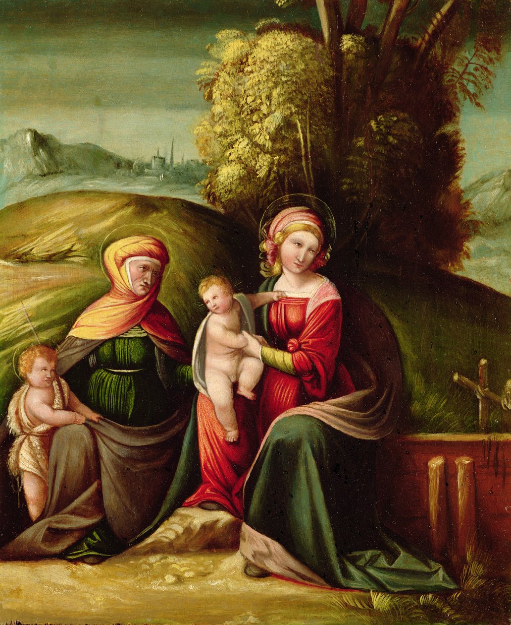 De Maagd en het Kind met St. Elizabeth en St. Johannes in een landschap door Battista Dossi