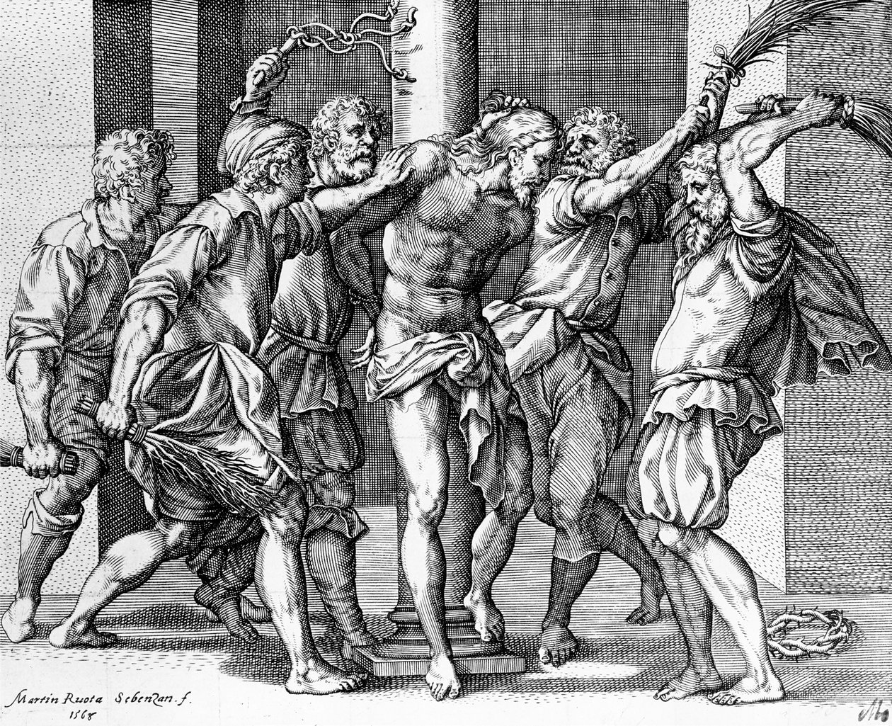 De geseling van Christus, gegraveerd door Martin Rota door Battista (after) Franco