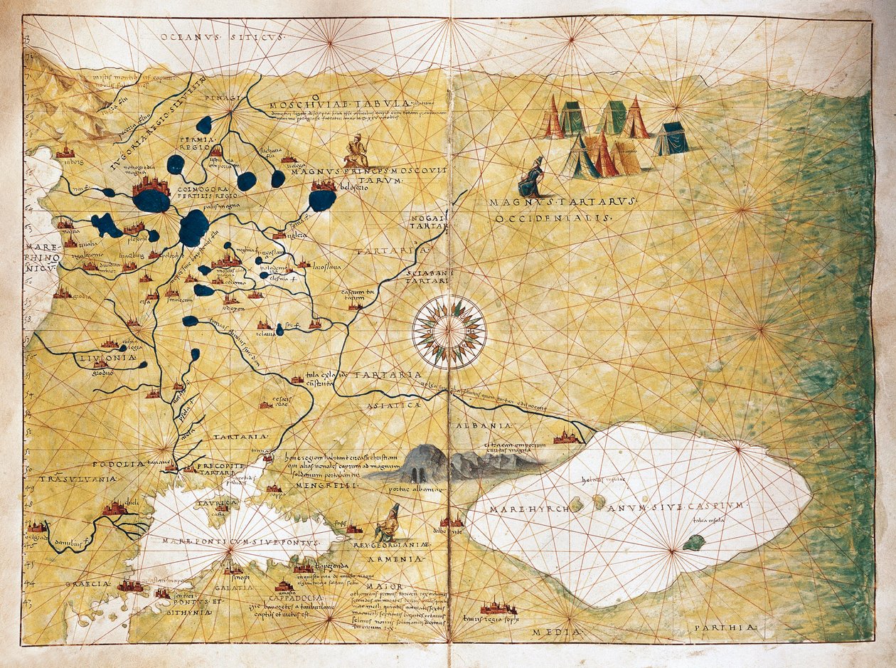 Moschoviae Tabula, kaart van Rusland en Europese steden langs de Wolga door Battista Agnese