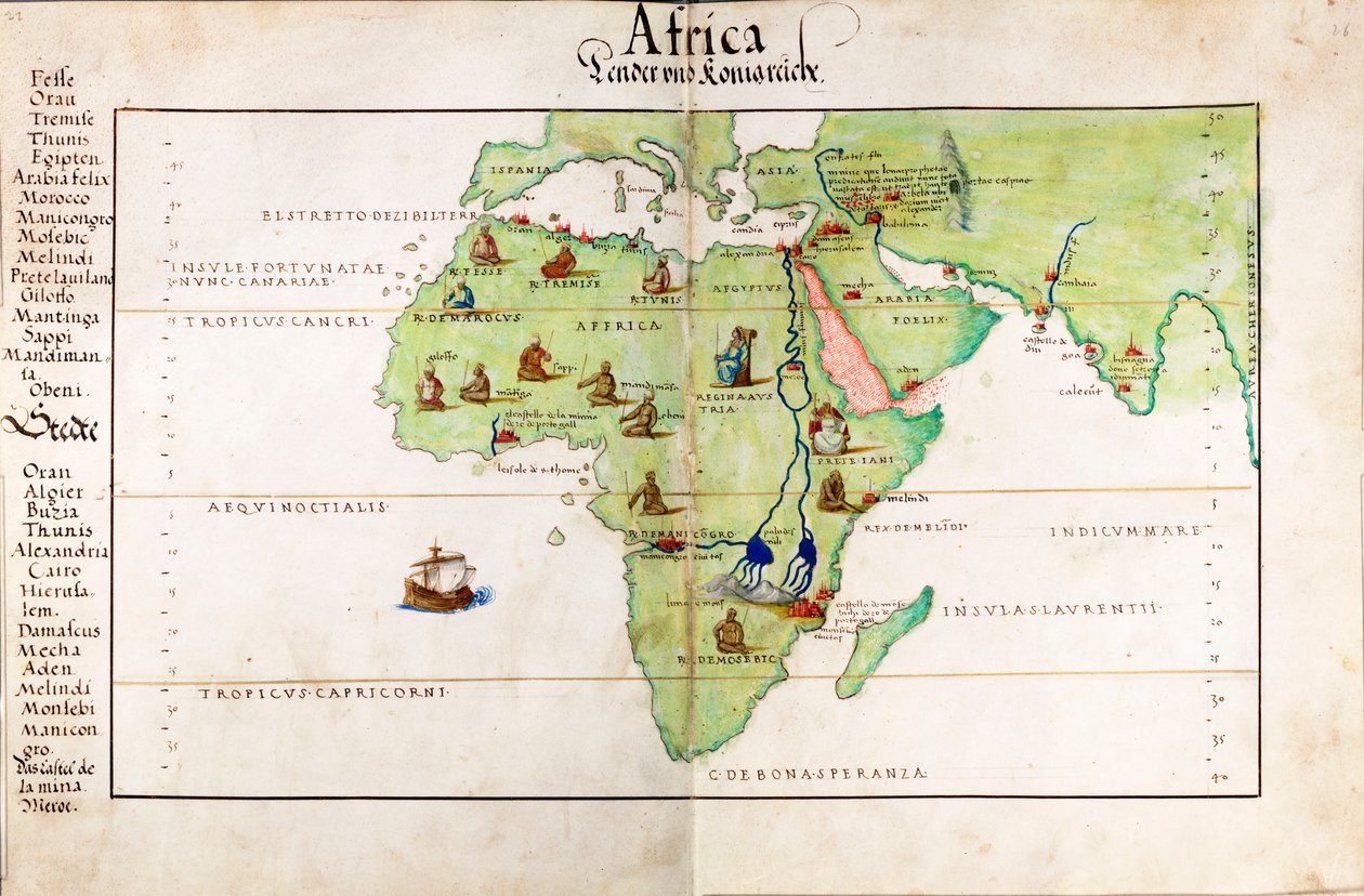 Perkamentkaart van Afrika, India en de Middellandse Zee door Battista Agnese