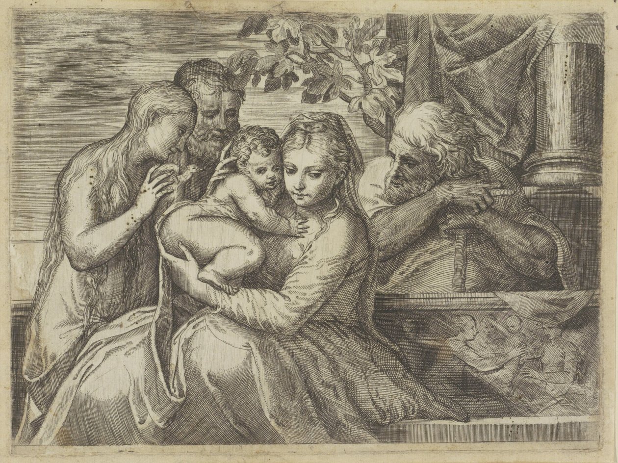 Heilige Familie met heiligen door Battista Angolo del Moro (attributed to)