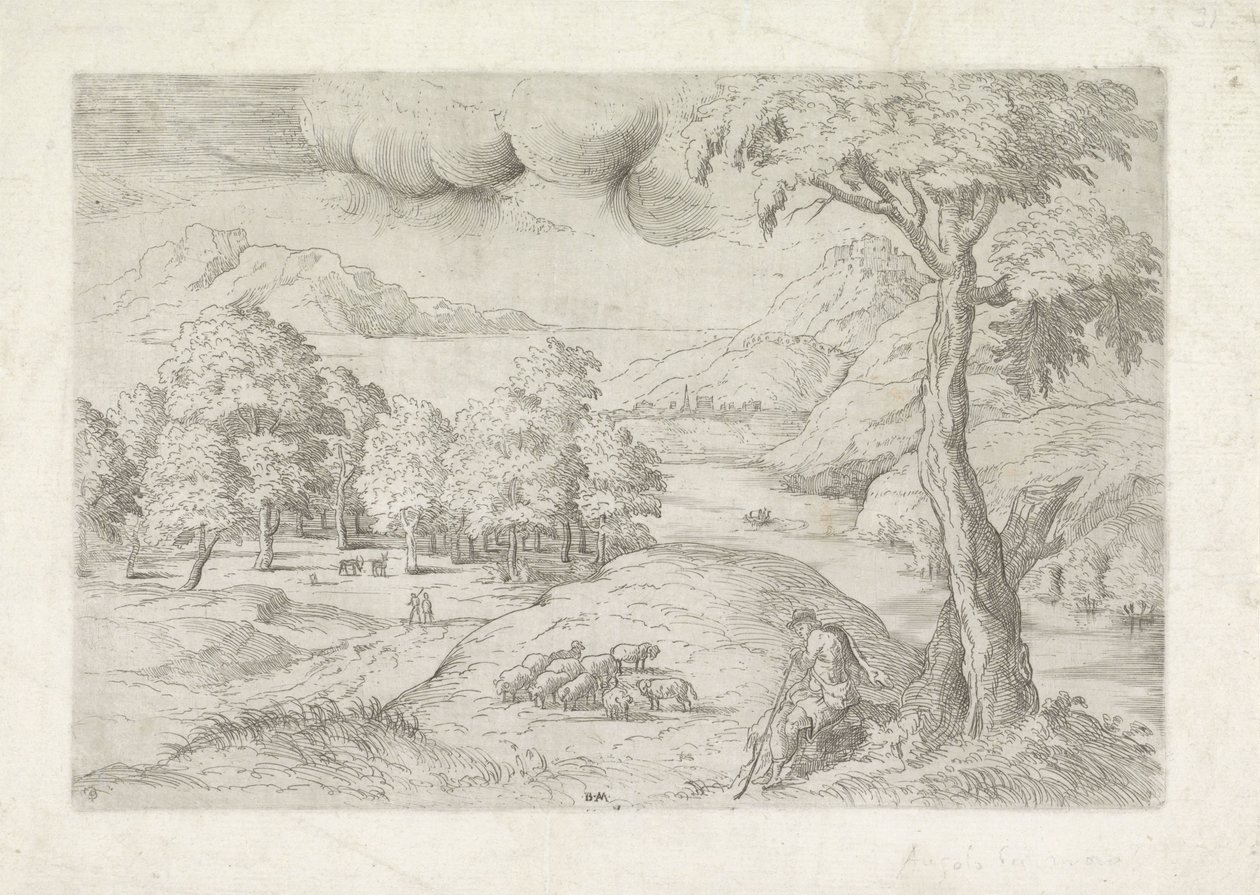 Panoramisch landschap met ruïnes, een stad en reizigers door Battista Angolo del Moro