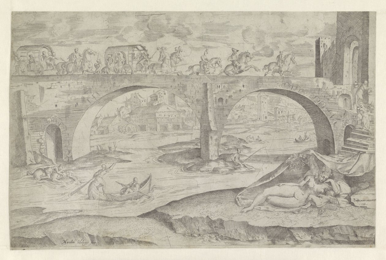Venus en Amor in stadsgezicht met een brug door Battista Angolo del Moro