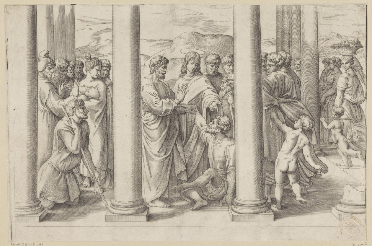 De heilige Petrus en Johannes genezen een lamme in een tempel door Battista Franco