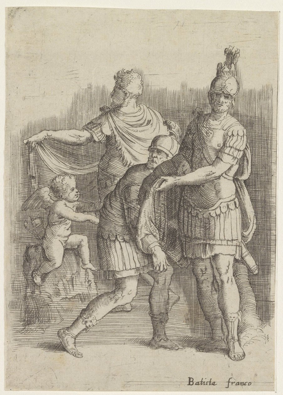 Drie soldaten en een putto door Battista Franco