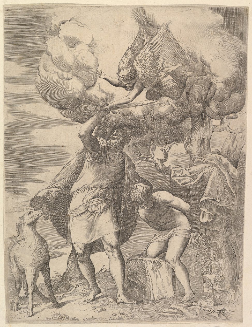 De Engel die de Arm van Abraham Tegenhoudt, Na 1552 door Battista Franco Veneziano