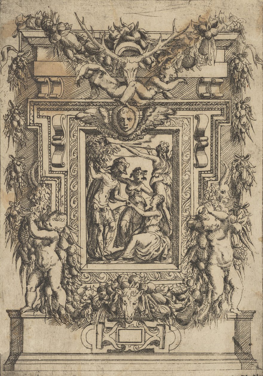 Een jonge man biedt zijn hand aan een zittende vrouw, een andere vrouw staat tussen hen in, ca. 1540-80 door Battista del Moro