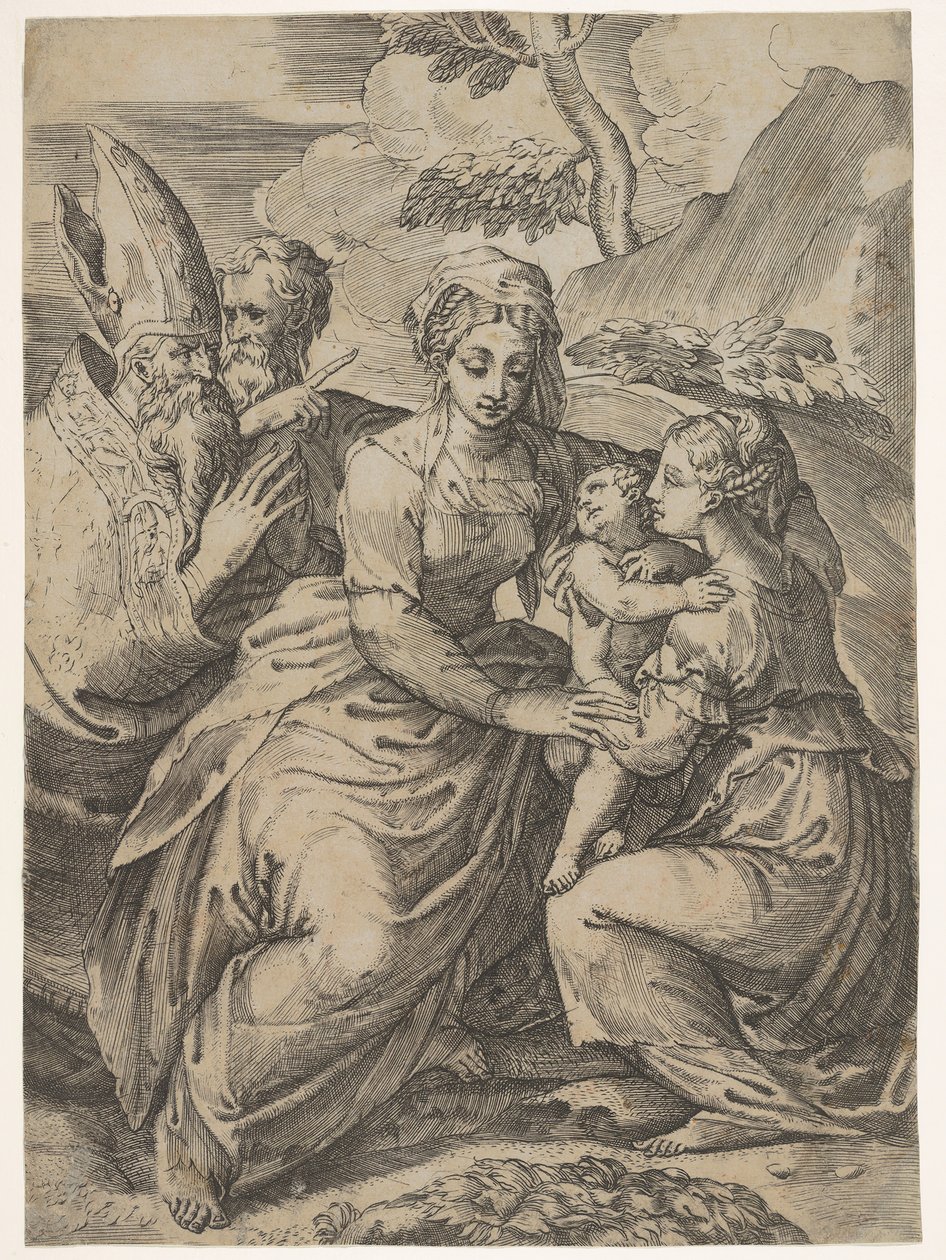Madonna en Kind met Heiligen naar Parmigianino door Battista del Moro