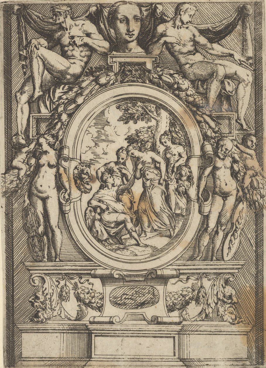 Het Oordeel van Paris, man zittend links reikt uit naar een vrouw die geflankeerd wordt door, ca. 1540-80 door Battista del Moro