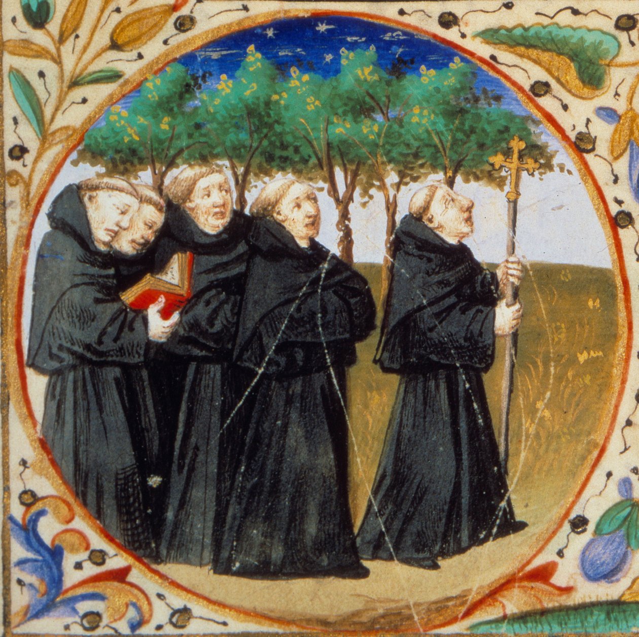 Scène uit het kloosterleven. Detail dat monniken van de orde van de Augustijnen voorstelt. Miniatuur uit 