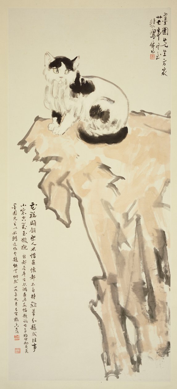 Een kat zittend op een rots door Beihong Xu