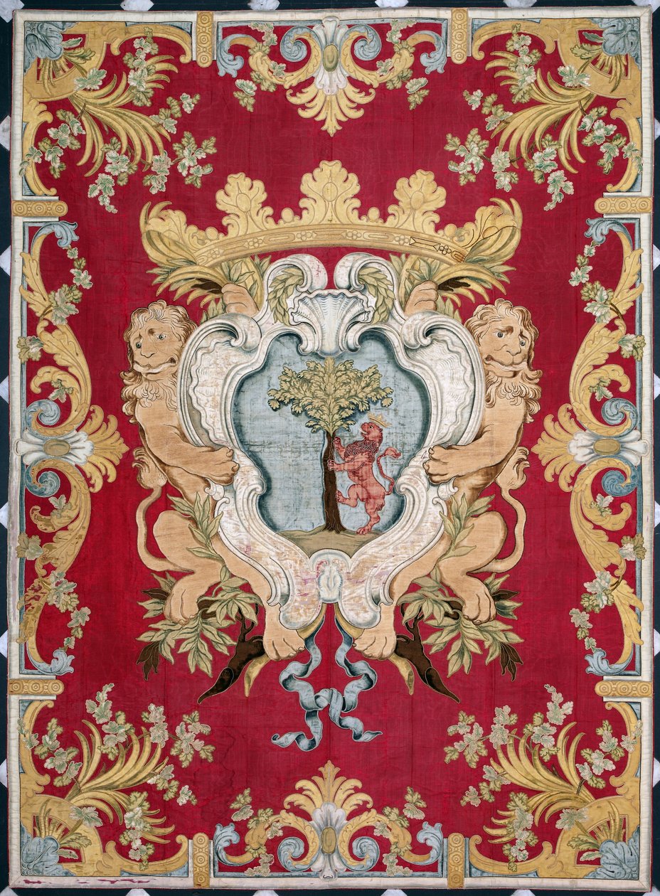 Wapen van de adel met een leeuw en een boom. Wandtapijt van de fabrieken van Brussel. 16e eeuw Genua, Musei di Strada Nuova door Belgian School